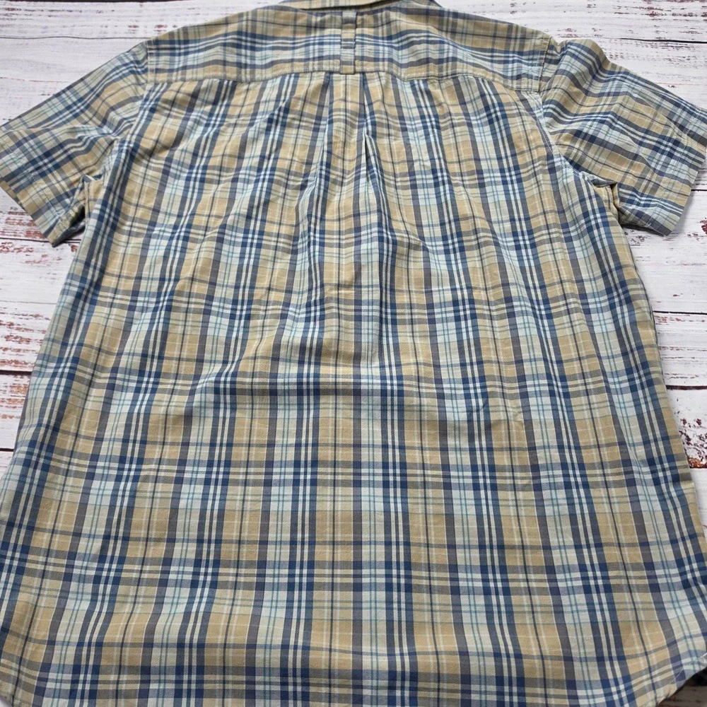 The North Face Button Up Shirt Mens L Blue‎ Tan Excellent Plaid Short Sleeve